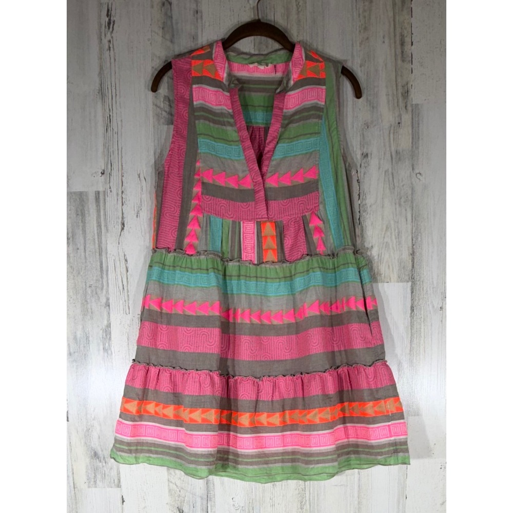 Elan Mini Dress Small Multicolor Neon Geometric Tribal Stripe Tiered Boho Pocket